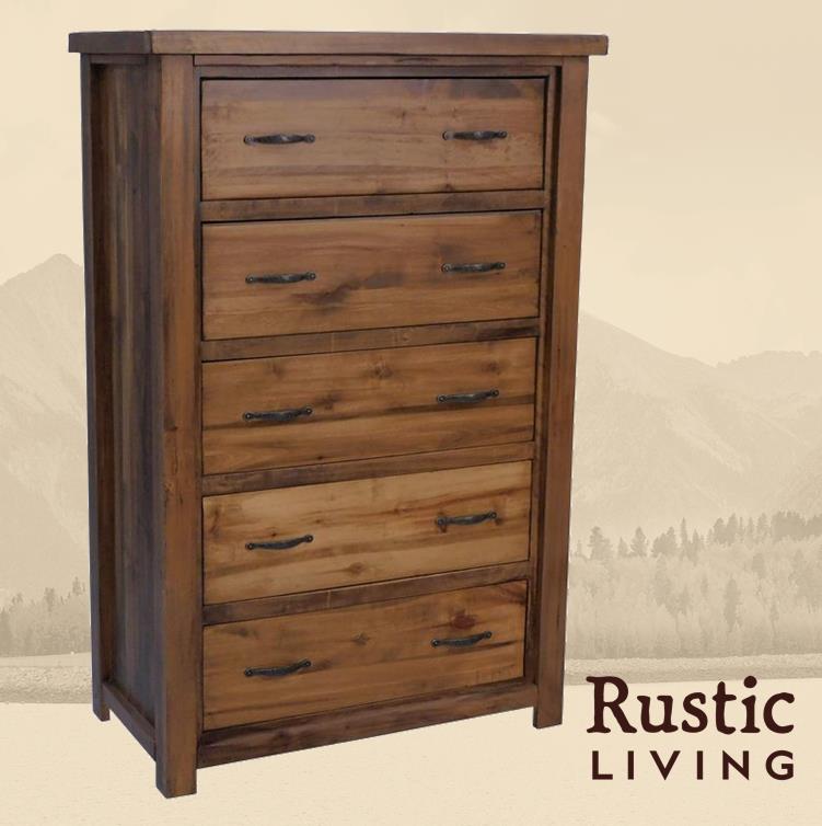 Rustic Farmhouse 5 drawer chest in artisan handmade in America using solid wood custom made for your mountain cabin, lodge, farmhouse, ranch and western lifestyle.