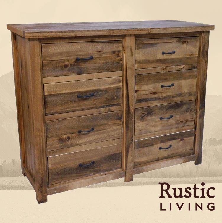 Rustic Farmhouse 8 drawer dresser in artisan handmade in America using solid wood custom made for your mountain cabin, lodge, farmhouse, ranch and western lifestyle. A rustic style 8-drawer dresser made of wood, with metal handles on each drawer.