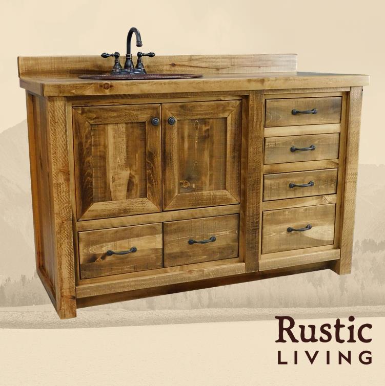 Rustic Farmhouse 5 drawer vanity in artisan handmade in America using solid wood custom made for your mountain cabin, lodge, farmhouse, ranch and western lifestyle. A rustic wooden vanity with a sink, featuring multiple drawers and a central cupboard. 