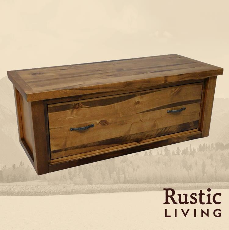 Rustic Farmhouse bench chest in artisan handmade in America using solid wood custom made for your mountain cabin, lodge, farmhouse, ranch and western lifestyle. A rustic wooden bench chest with a drawer and metal handles.