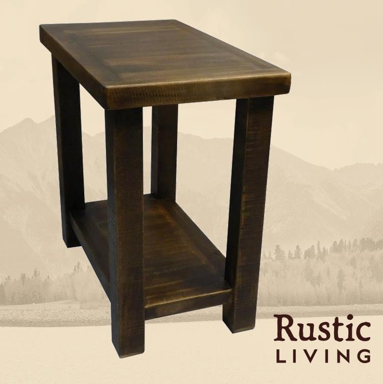 Rustic Farmhouse chairside end table handmade in America using solid wood custom made for your mountain cabin, lodge, farmhouse, ranch and western lifestyle.