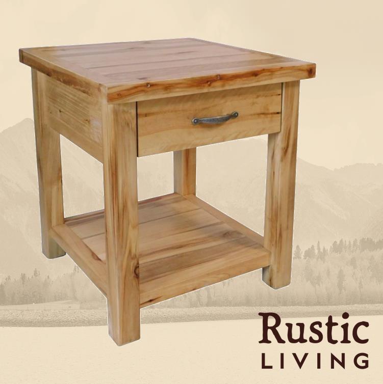 Rustic Farmhouse chairside end table  with drawer in artisan handmade in America using solid wood custom made for your mountain cabin, lodge, farmhouse, ranch and western lifestyle. A rustic wooden chairside end table with a drawer and a lower shelf.