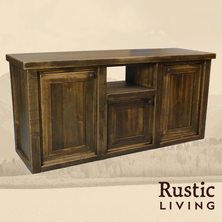 Rustic Farmhouse Sierra Television Stand  handmade in America using solid wood custom made for your mountain cabin, lodge, farmhouse, ranch and western lifestyle. Small open space to put accessories and doors to hide accessories. Doors include soft close hinges. 
