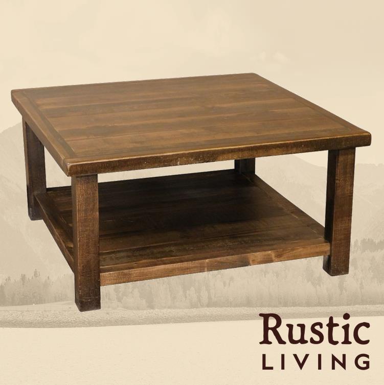 Rustic Farmhouse square coffee table handmade in America using solid wood custom made for your mountain cabin, lodge, farmhouse, ranch and western lifestyle.