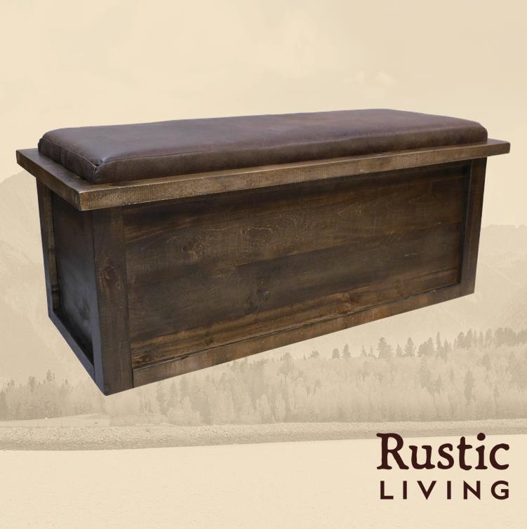 Rustic Farmhouse upholstered hope chest handmade in America using solid wood custom made for your mountain cabin, lodge, farmhouse, ranch and western lifestyle.