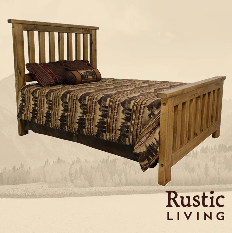 Rustic Farmhouse Woodland Bed in Timberframe  handmade in America using solid wood custom made for your mountain cabin, lodge, farmhouse, ranch and western lifestyle. Headboard and footboard made out of aspen wood. 