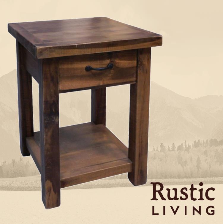 Rustic Farmhouse 1 drawer night stand in artisan handmade in America using solid wood custom made for your mountain cabin, lodge, farmhouse, ranch and western lifestyle. A rustic wooden nightstand with a drawer and a lower shelf.