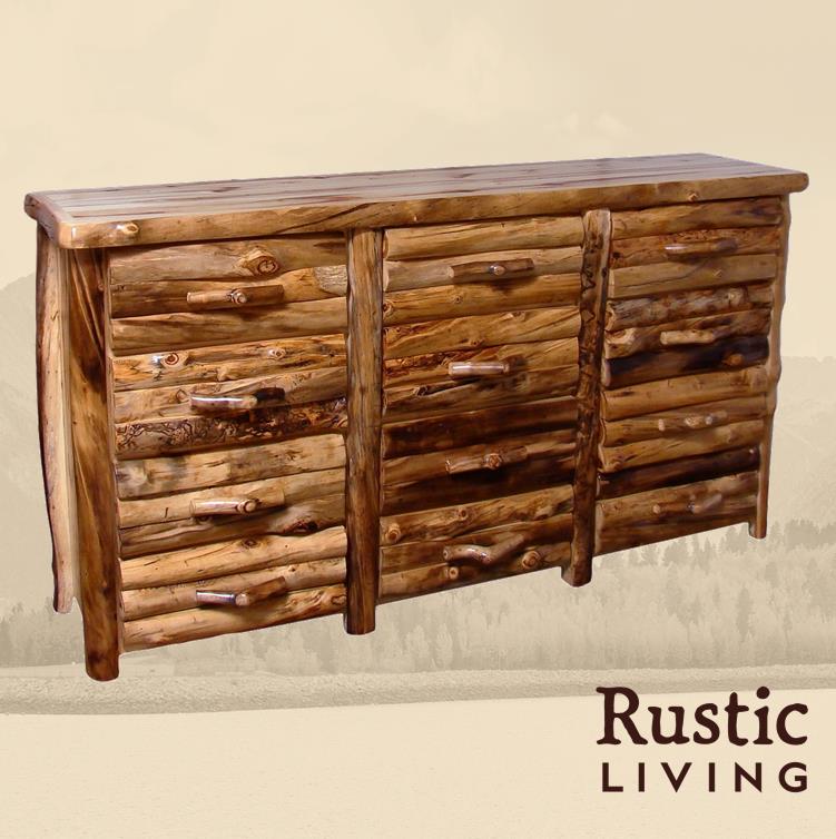 Aspen Rustic Log Furniture log 12 drawer dresser in log front handmade in America using solid wood custom made for your mountain cabin, lodge, farmhouse, ranch and western lifestyle. 