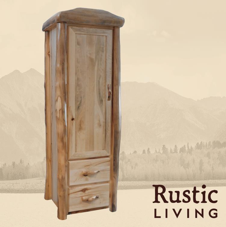 Aspen Rustic Log Furniture log 2 drawer storage cabinet in flat front using solid wood, undermount drawer glides, and soft close drawers and doors custom made for your mountain cabin, lodge, farmhouse, ranch and western lifestyle.
