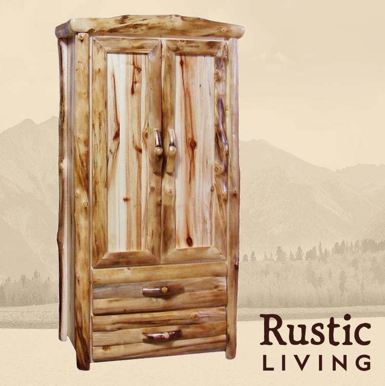 A rustic wooden storage cabinet with two doors and two drawers. Aspen Rustic Log Furniture log 2 drawer storage cabinet in log front using solid wood, undermount drawer glides, and soft close drawers and doors custom made for your mountain cabin, lodge, farmhouse, ranch and western lifestyle.