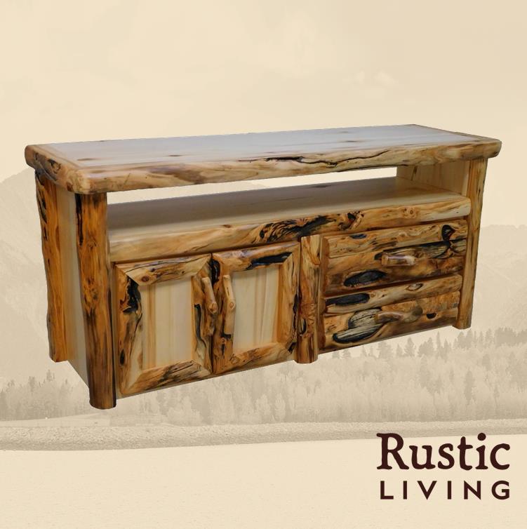 Aspen Rustic Log Furniture log 2 drawer television stand in log front handmade in America using solid wood custom made for your mountain cabin, lodge, farmhouse, ranch and western lifestyle. A rustic wooden television stand with two drawers and a door log front design , including adjustable shelves. 