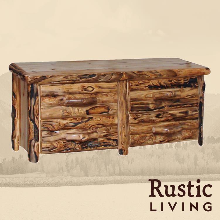 Aspen Rustic Log Furniture log 4 drawer dresser in log front handmade in America using solid wood custom made for your mountain cabin, lodge, farmhouse, ranch and western lifestyle. A rustic log dresser with four drawers, the front made from natural wood logs with a visible grain pattern.