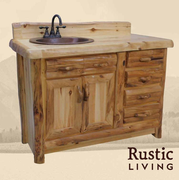 Aspen Rustic Log Furniture log 4 drawer vanity in log front handmade in America using solid wood custom made for your mountain cabin, lodge, farmhouse, ranch and western lifestyle. A rustic wooden vanity with a sink and faucet, featuring multiple drawers and a log front design.