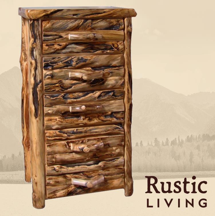 Aspen Rustic Log Furniture log 5 drawer chest in log front handmade in America using solid wood custom made for your mountain cabin, lodge, farmhouse, ranch and western lifestyle. 