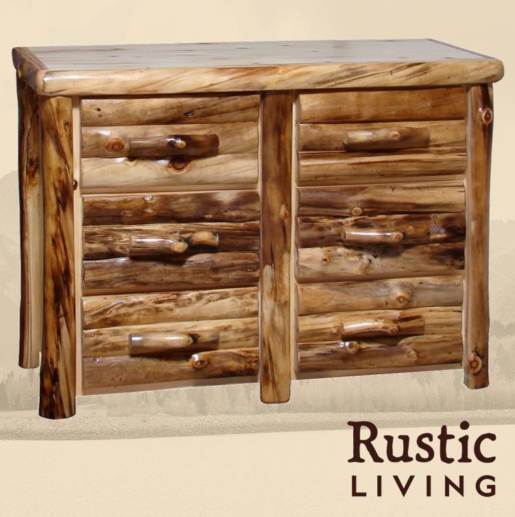 Aspen Rustic Log Furniture log 6 drawer dresser in log front handmade in America using solid wood custom made for your mountain cabin, lodge, farmhouse, ranch and western lifestyle. A rustic log dresser with multiple drawers, each having a wooden handle. 