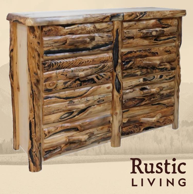 Aspen Rustic Log Furniture log 8 drawer dresser handmade in America using solid wood, undermount drawer glides, and soft close drawers custom made for your mountain cabin, lodge, farmhouse, ranch and western lifestyle.