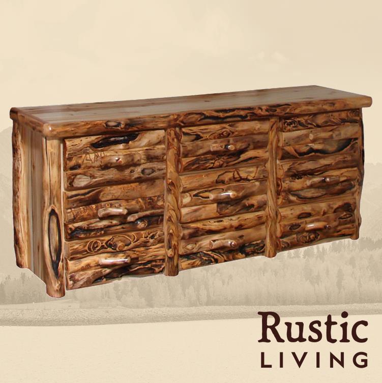 Aspen Rustic Log Furniture log 9 drawer dresser handmade in America using solid wood, undermount drawer glides, and soft close drawers custom made for your mountain cabin, lodge, farmhouse, ranch and western lifestyle.