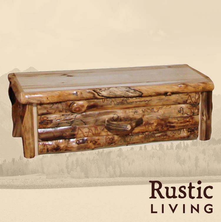 Aspen Rustic Log Furniture log bench chest in log front handmade in America using solid wood custom made for your mountain cabin, lodge, farmhouse, ranch and western lifestyle. A rustic log bench chest with a natural wood finish, featuring a log front design and drawers for storage.