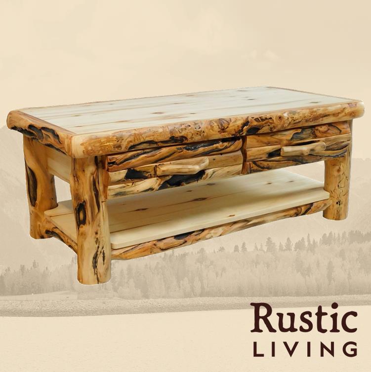 Aspen Rustic Log Furniture log coffee table with drawer in log front handmade in America using solid wood custom made for your mountain cabin, lodge, farmhouse, ranch and western lifestyle. A rustic wooden coffee table with a drawer, featuring a natural log front and a lower shelf.