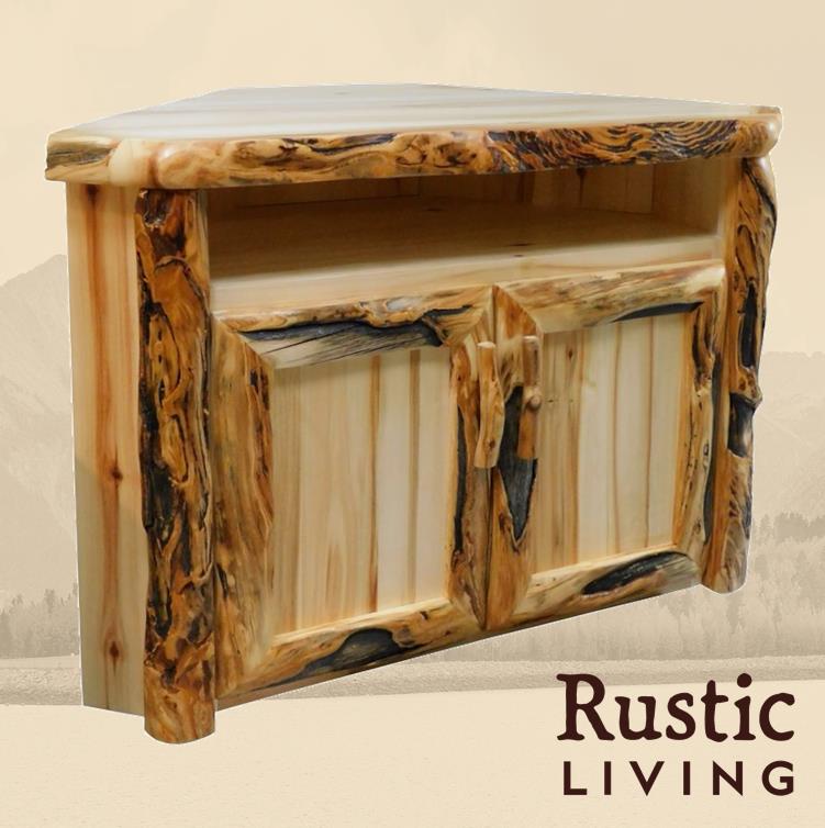 A rustic log corner television cabinet with two doors and an open shelf. Aspen Rustic Log Furniture log corner television cabinet in log front handmade in America using solid wood custom made for your mountain cabin, lodge, farmhouse, ranch and western lifestyle. 
