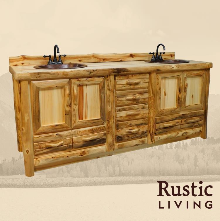 Aspen Rustic Log Furniture log couple's 6 drawer vanity in log front  handmade in America using solid wood custom made for your mountain cabin, lodge, farmhouse, ranch and western lifestyle. A rustic log couple's vanity with six drawers, a sink, and two sinks in a log front style.