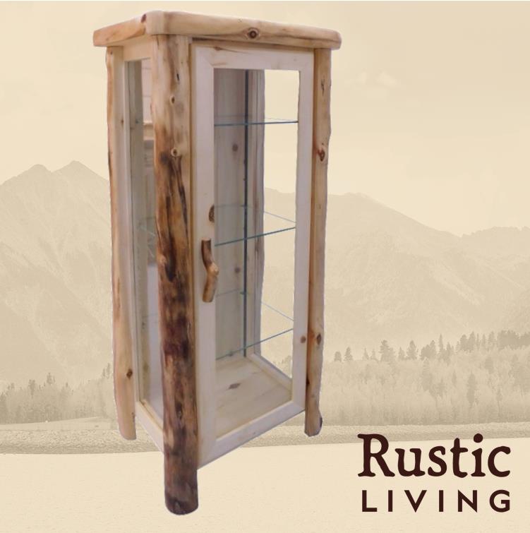 A rustic wooden curio cabinet with glass doors and multiple shelves. Aspen Rustic Log Furniture log  curio in flat front handmade in America using solid wood custom made for your mountain cabin, lodge, farmhouse, ranch and western lifestyle. 