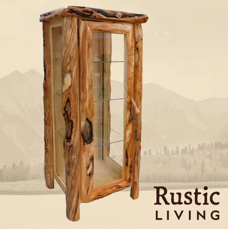 A rustic wooden curio cabinet with glass doors and multiple shelves. Aspen Rustic Log Furniture log curio in log front handmade in America using solid wood custom made for your mountain cabin, lodge, farmhouse, ranch and western lifestyle. 