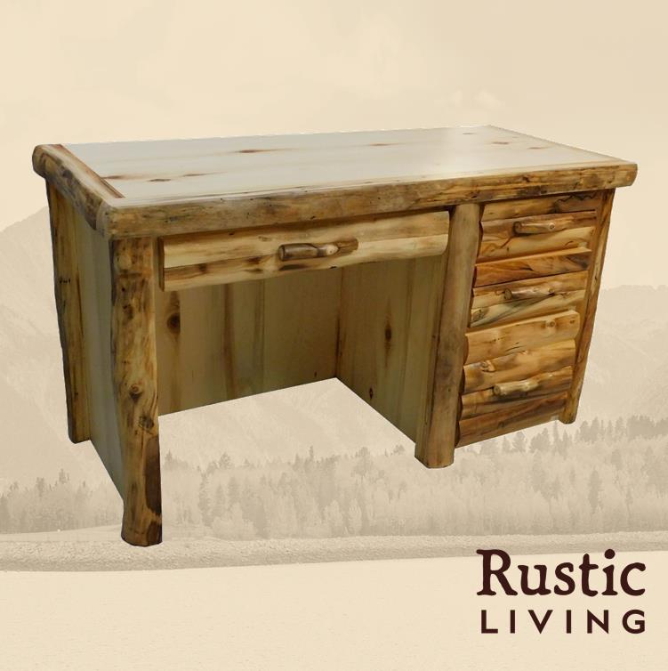 Aspen Rustic Log Furniture log executive desk in log front handmade in America using solid wood custom made for your mountain cabin, lodge, farmhouse, ranch and western lifestyle. A rustic executive desk made of wood with a log front design, featuring multiple drawers and a finished back.
