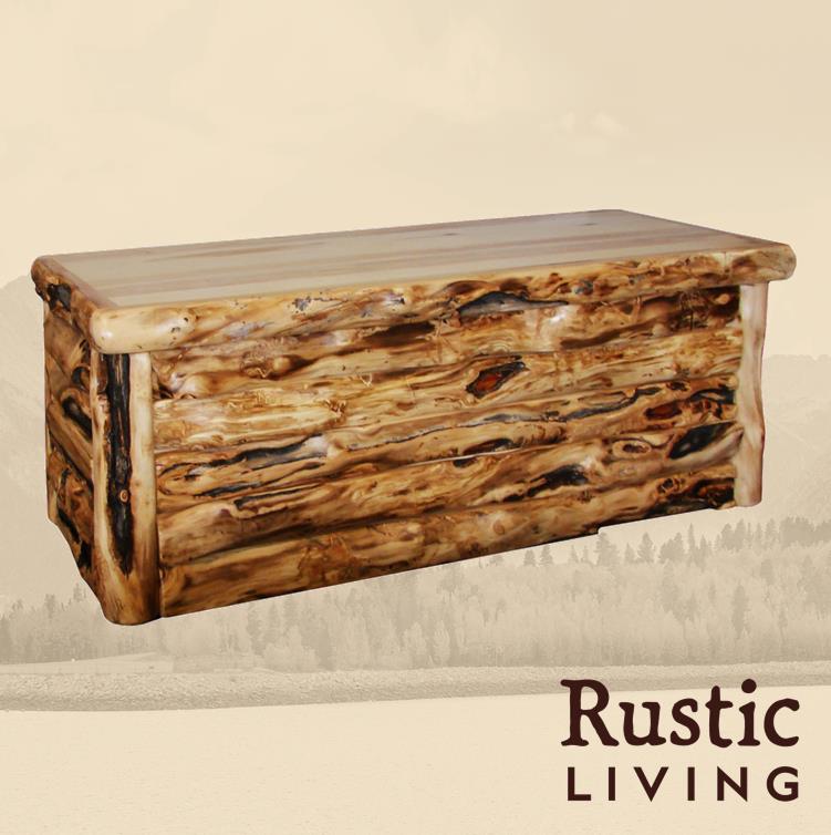 Aspen Rustic Log Furniture log hope chest in log front handmade in America using solid wood custom made for your mountain cabin, lodge, farmhouse, ranch and western lifestyle. 