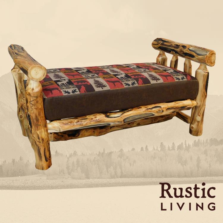 Aspen Rustic Log Furniture log lounge bench handmade in America using solid wood custom made for your mountain cabin, lodge, farmhouse, ranch and western lifestyle. 