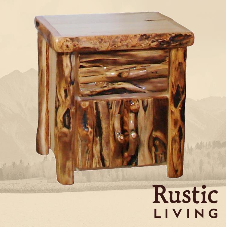 Aspen Rustic Log Furniture log night stand in flat front  handmade in America using solid wood custom made for your mountain cabin, lodge, farmhouse, ranch and western lifestyle. 