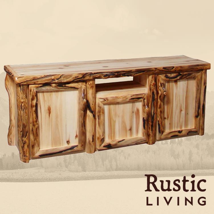 Aspen Rustic Log Furniture log sierra television stand in log front  handmade in America using solid wood custom made for your mountain cabin, lodge, farmhouse, ranch and western lifestyle. Open space to put accessories and doors to hide accessories. Doors include soft close hinges 