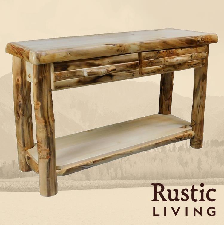 Aspen Rustic Log Furniture log sofa table with drawer in log front handmade in America using solid wood custom made for your mountain cabin, lodge, farmhouse, ranch and western lifestyle. A rustic log sofa table with a drawer and a lower shelf.
