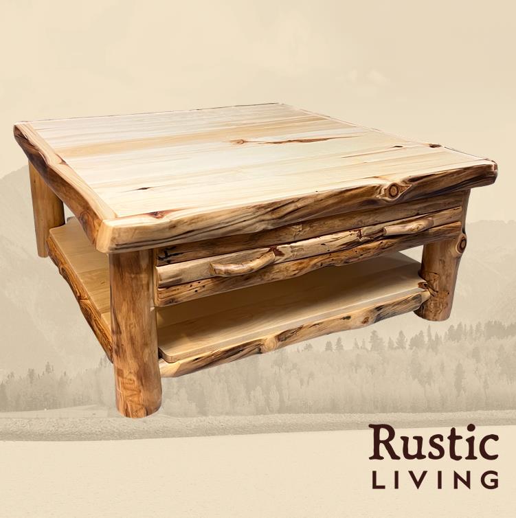 Aspen Rustic Log Furniture log square coffee table with drawer in log front handmade in America using solid wood custom made for your mountain cabin, lodge, farmhouse, ranch and western lifestyle.  A rustic square coffee table made of wood with a visible drawer and a log front.