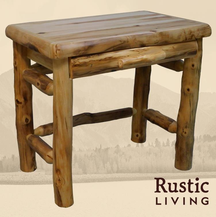 Rustic Log Table Desk with dovetail drawer and log front, crafted from solid aspen wood—perfect for adding functional cabin charm to any office space.
