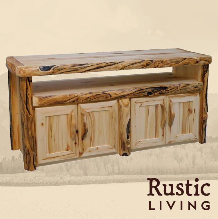 Aspen Rustic Log Furniture log television stand in flat front  handmade in America using solid wood custom made for your mountain cabin, lodge, farmhouse, ranch and western lifestyle. Open space to put accessories and doors to hide accessories. Doors include soft close hinges 