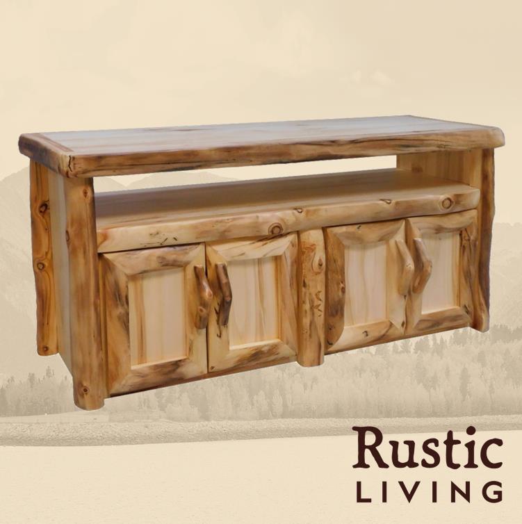 Aspen Rustic Log Furniture log television stand in log front handmade in America using solid wood custom made for your mountain cabin, lodge, farmhouse, ranch and western lifestyle. A rustic wooden television stand with a log front design, featuring storage compartments and two adjustable shelves.