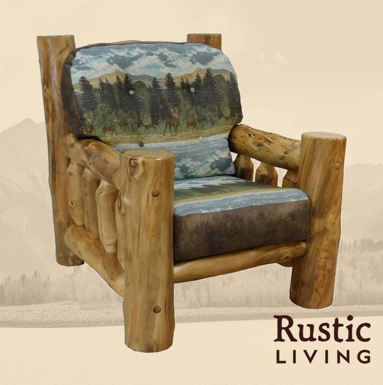 Aspen Rustic Log Furniture log timber comfort chair handmade in America using solid wood, laser cut premium fabric, custom made for your mountain cabin, lodge, farmhouse, ranch and western lifestyle. 