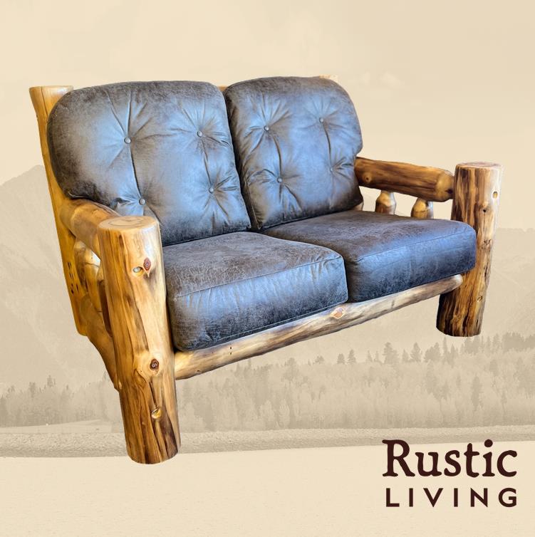 Aspen Rustic Log Furniture log timber comfort love seat handmade in America using solid wood, laser cut premium fabric, custom made for your mountain cabin, lodge, farmhouse, ranch and western lifestyle. 