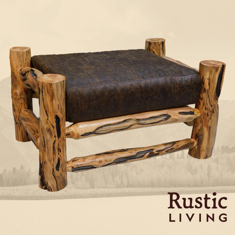 A rustic ottoman chair with a wooden frame and a dark cushion. Aspen Rustic Log Furniture log timber comfort ottoman chair handmade in America using solid wood, laser cut premium fabric, custom made for your mountain cabin, lodge, farmhouse, ranch and western lifestyle. 