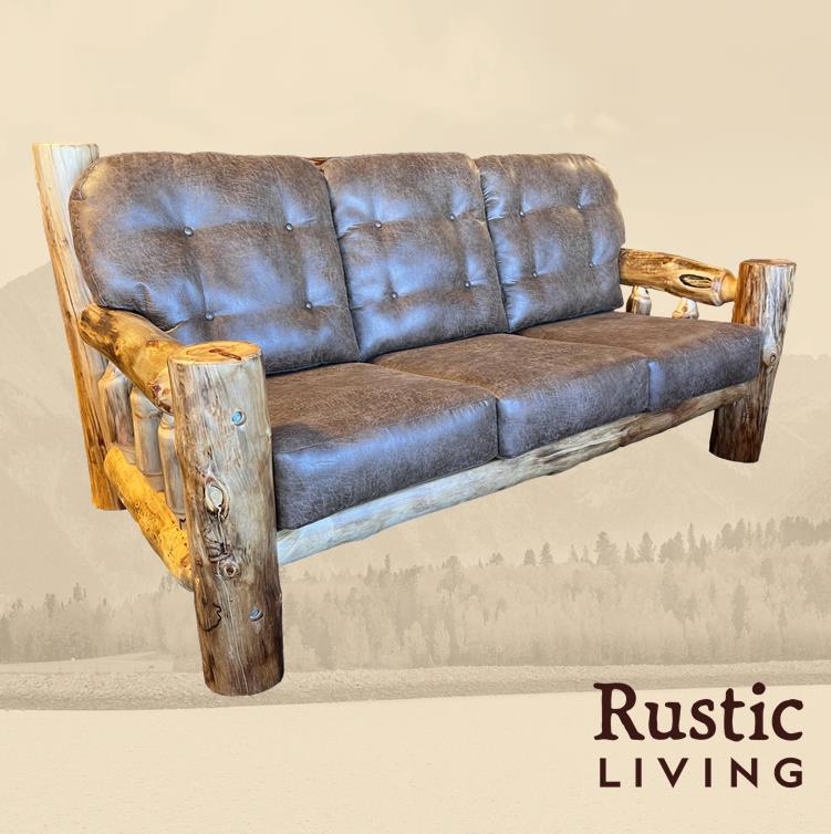 Aspen Rustic Log Furniture log timber comfort sofa handmade in America using solid wood, laser cut premium fabric, custom made for your mountain cabin, lodge, farmhouse, ranch and western lifestyle. 