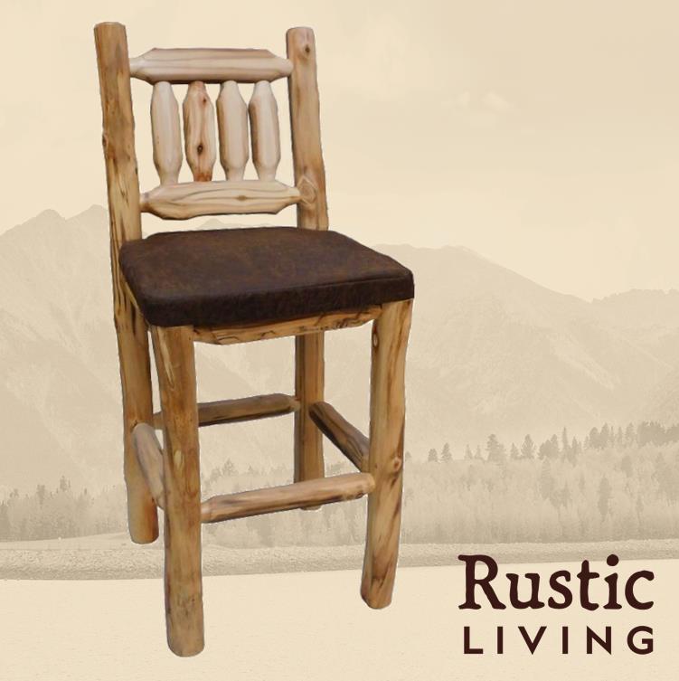Aspen Rustic Log Furniture log timberland bar chair handmade in America using solid wood custom made for your mountain cabin, lodge, farmhouse, ranch and western lifestyle. 