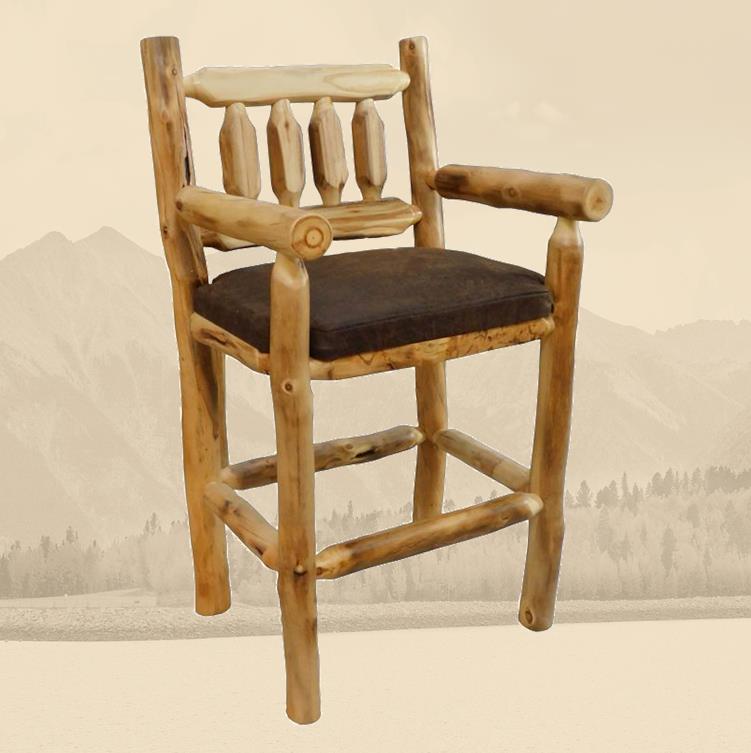 Aspen Rustic Log Furniture log timberland bar chair with arms handmade in America using solid wood custom made for your mountain cabin, lodge, farmhouse, ranch and western lifestyle. 