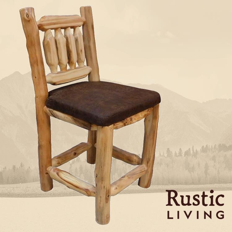Aspen Rustic Log Furniture log timberland counter chair handmade in America using solid wood custom made for your mountain cabin, lodge, farmhouse, ranch and western lifestyle. 