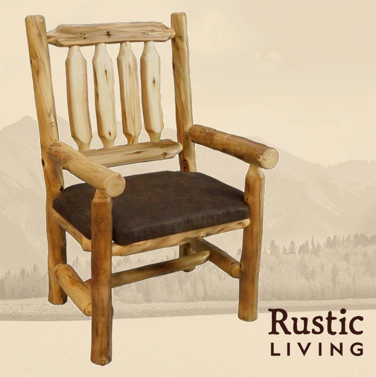 Aspen Rustic Log Furniture log timberland dining chair with arms handmade in America using solid wood custom made for your mountain cabin, lodge, farmhouse, ranch and western lifestyle. 