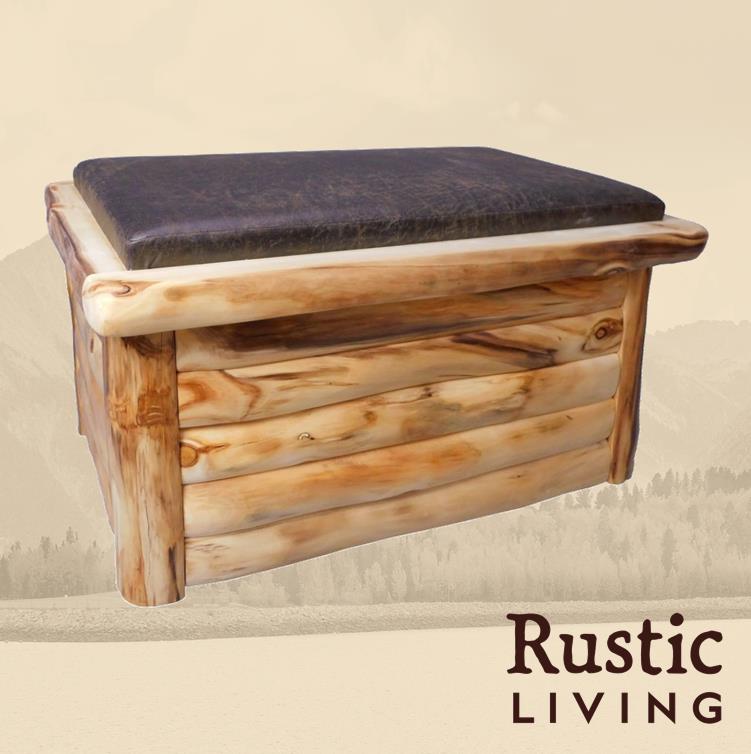 Aspen Rustic Log Furniture log upholstered hope chest in log front handmade in America using solid wood custom made for your mountain cabin, lodge, farmhouse, ranch and western lifestyle. 