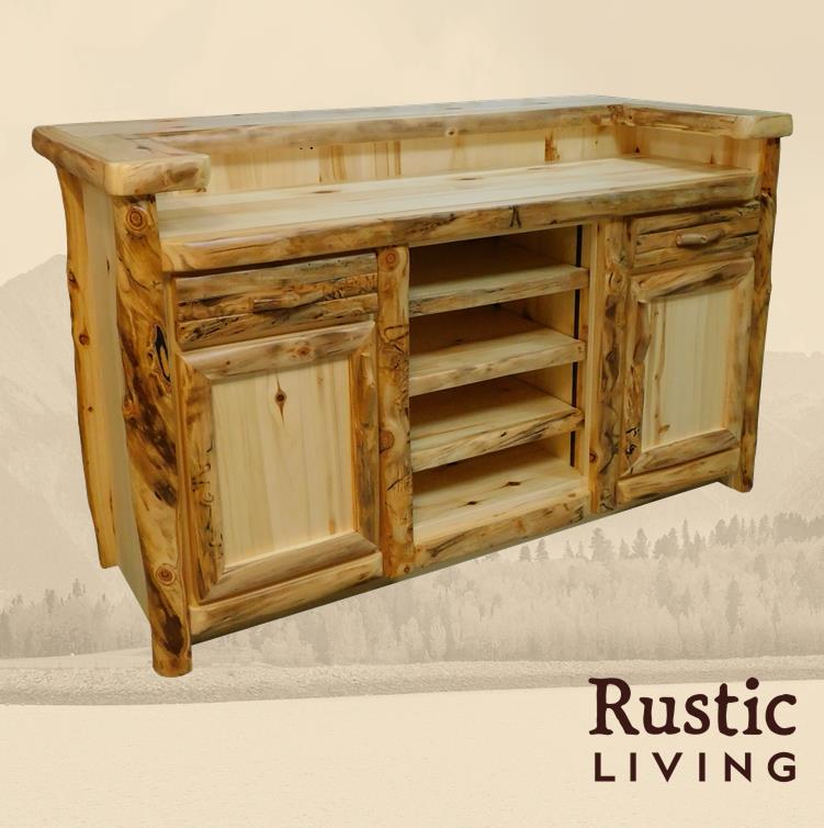 Aspen Rustic Log Furniture log vintage bar in log front handmade in America using solid wood, undermount drawer glides, and soft close drawers custom made for your mountain cabin, lodge, farmhouse, ranch and western lifestyle. Bar top has an overhang for barstools and adjustable shelves. 