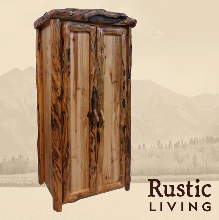 Aspen Rustic Log Furniture log wardrobe in log front handmade in America using solid wood custom made for your mountain cabin, lodge, farmhouse, ranch and western lifestyle. 