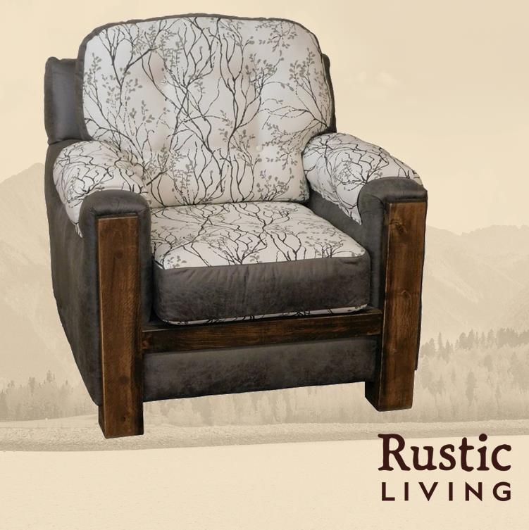 Aspen Rustic Log Furniture log mountain comfort chair handmade in America using solid wood, laser cut premium fabric, custom made for your mountain cabin, lodge, farmhouse, ranch and western lifestyle. 