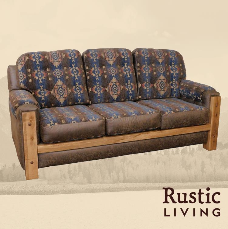 Rustic Farmhouse mountain comfort sofa handmade in America using solid wood custom made for your mountain cabin, lodge, farmhouse, ranch and western lifestyle.